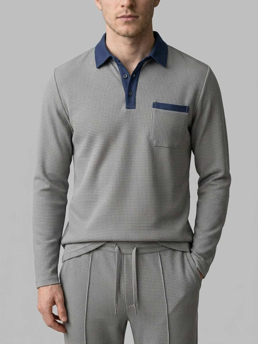 Menaggio Men's Waffle-Knit Polo and Drawstring Trouser Set — gray — closefront