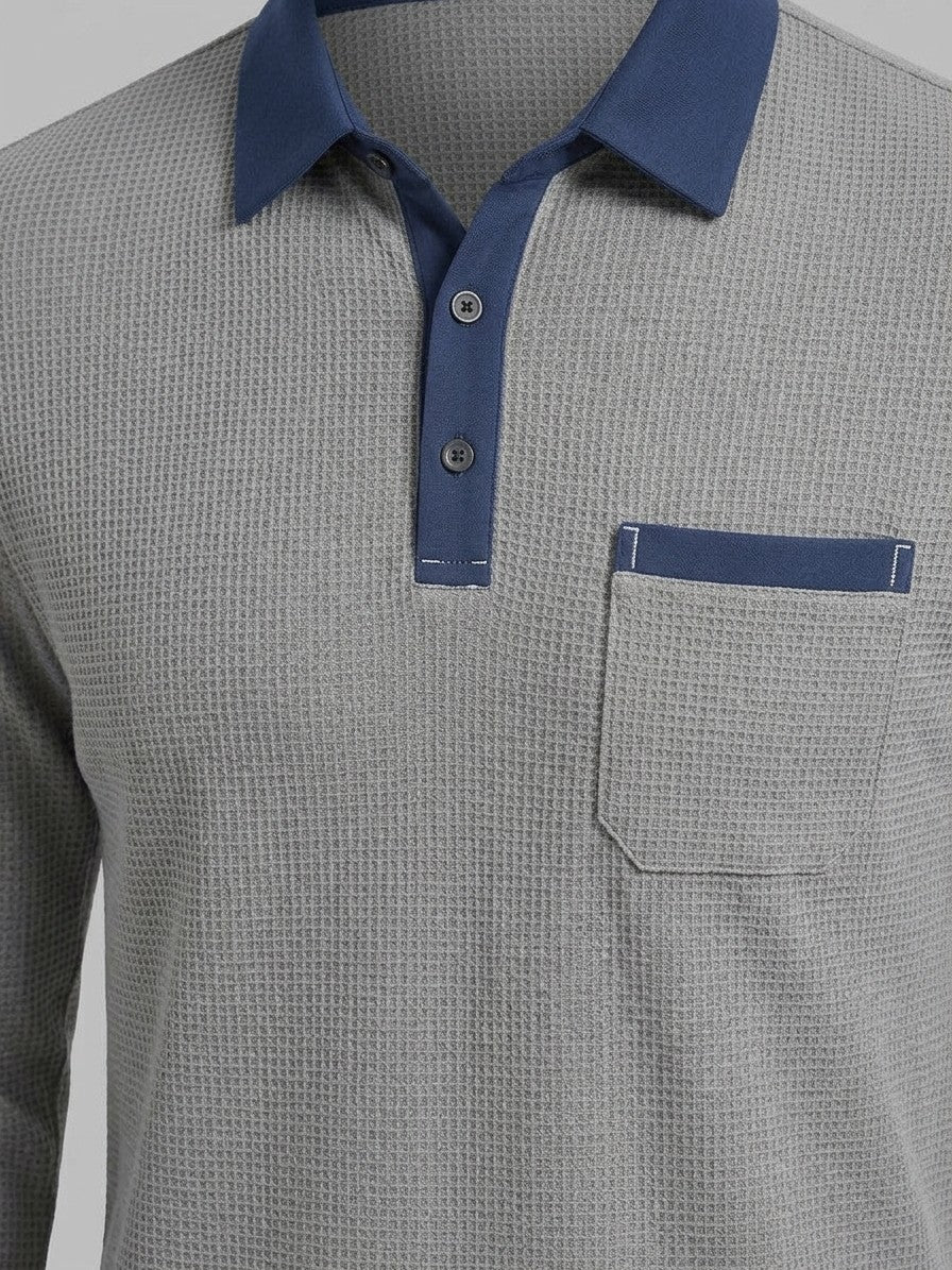 Menaggio Men's Waffle-Knit Polo and Drawstring Trouser Set — gray — detail-collar