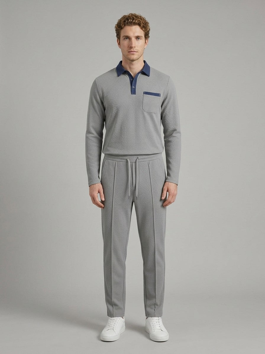 Menaggio Men's Waffle-Knit Polo and Drawstring Trouser Set — gray — fullfront