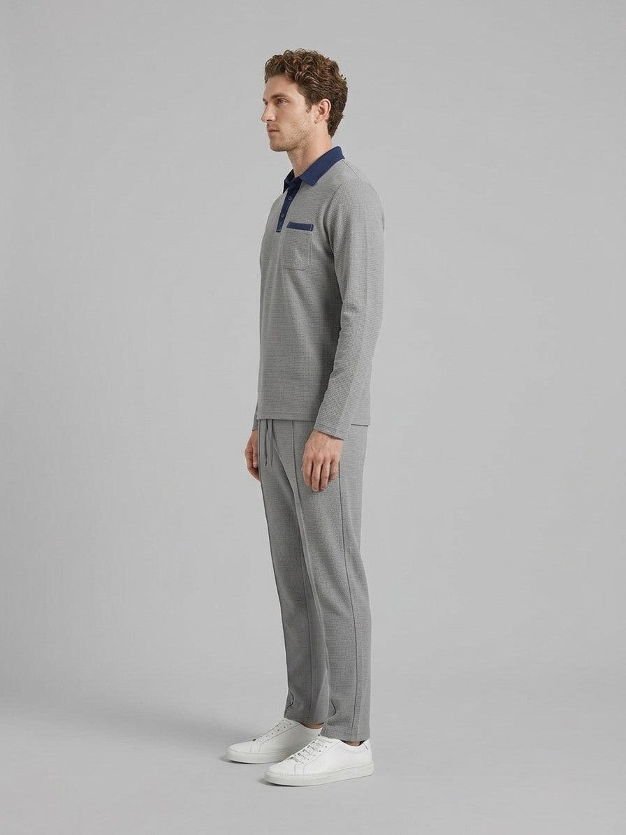 Menaggio Men's Waffle-Knit Polo and Drawstring Trouser Set — gray — fullside