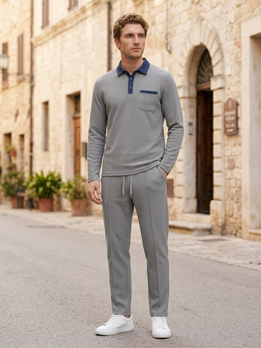 Menaggio Men's Waffle-Knit Polo and Drawstring Trouser Set — gray — lifestyle