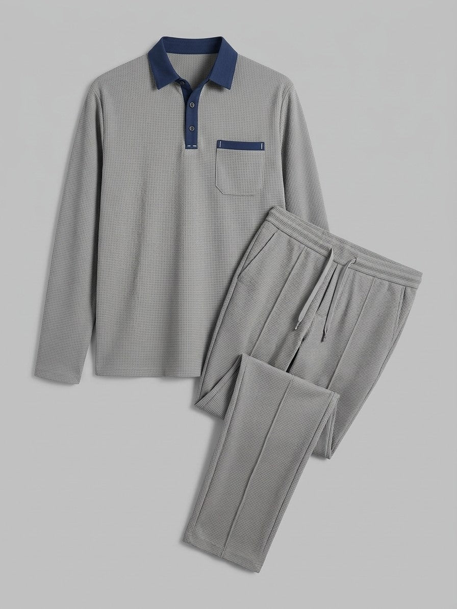 Menaggio Men's Waffle-Knit Polo and Drawstring Trouser Set — gray — packshot