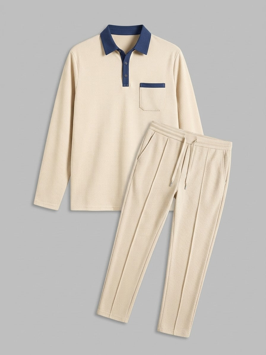 Menaggio Men's Waffle-Knit Polo and Drawstring Trouser Set — khaki — packshot