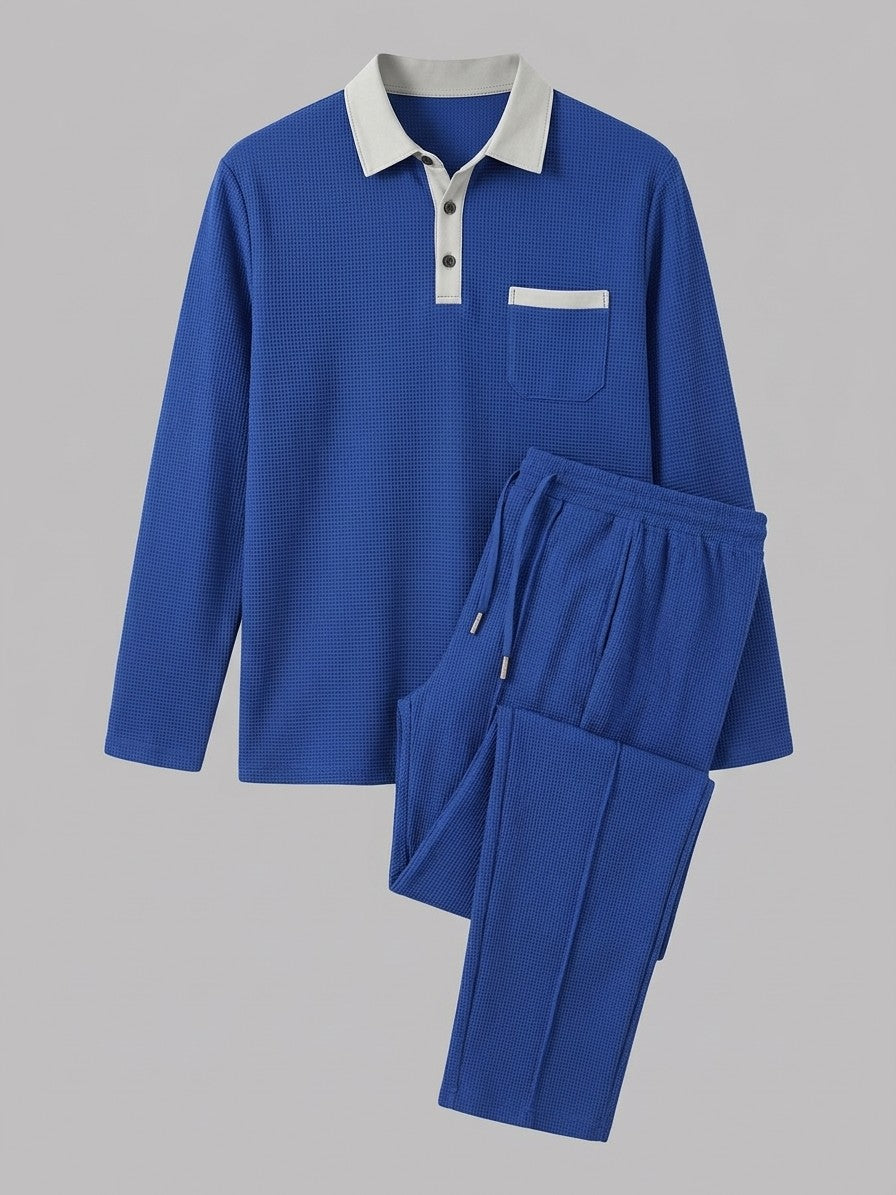 Menaggio Men's Waffle-Knit Polo and Drawstring Trouser Set — royalblue — packshot