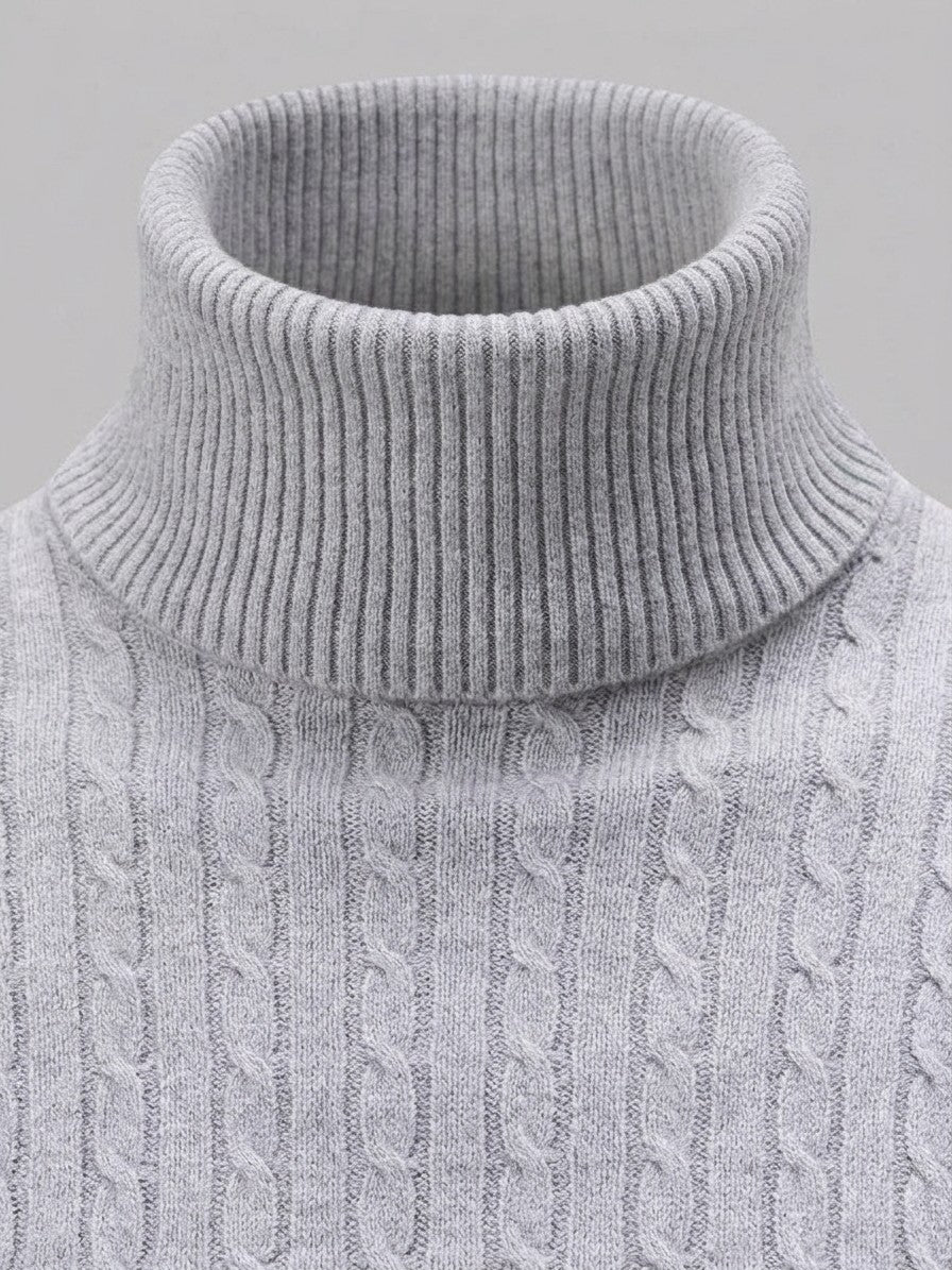 Merano Men's Cable-Knit Turtleneck Sweater — gray — detail-collar
