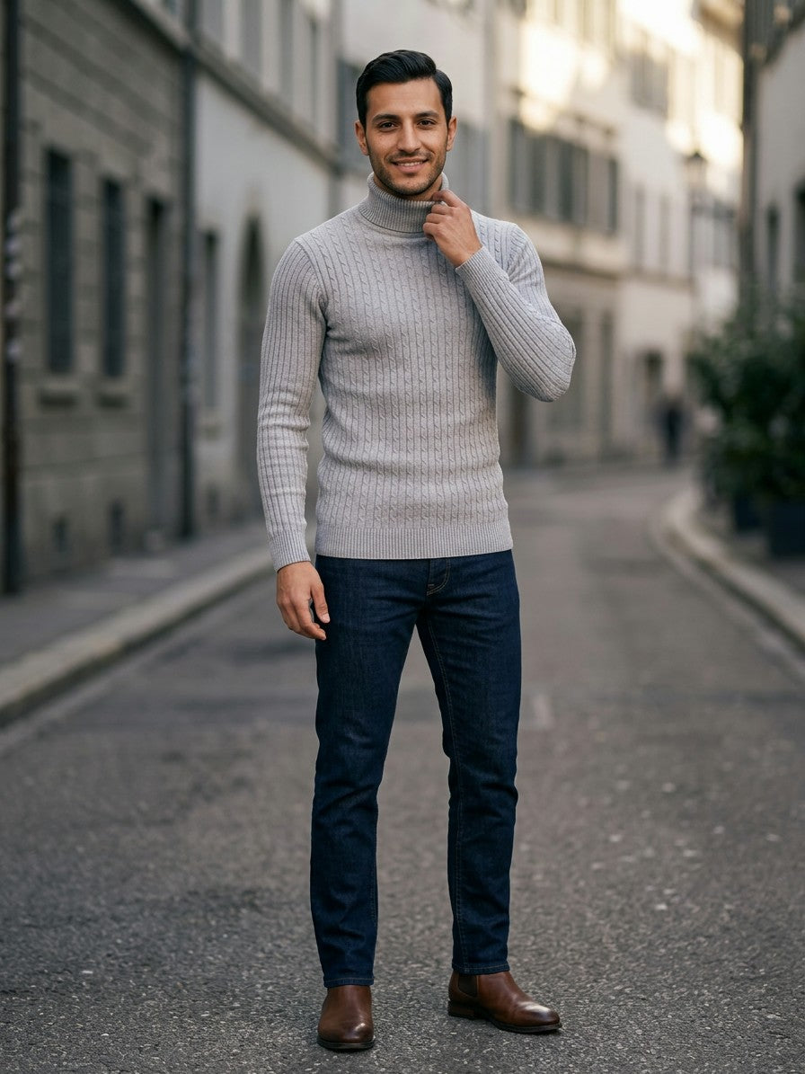 Merano Men's Cable-Knit Turtleneck Sweater — gray — lifestyle