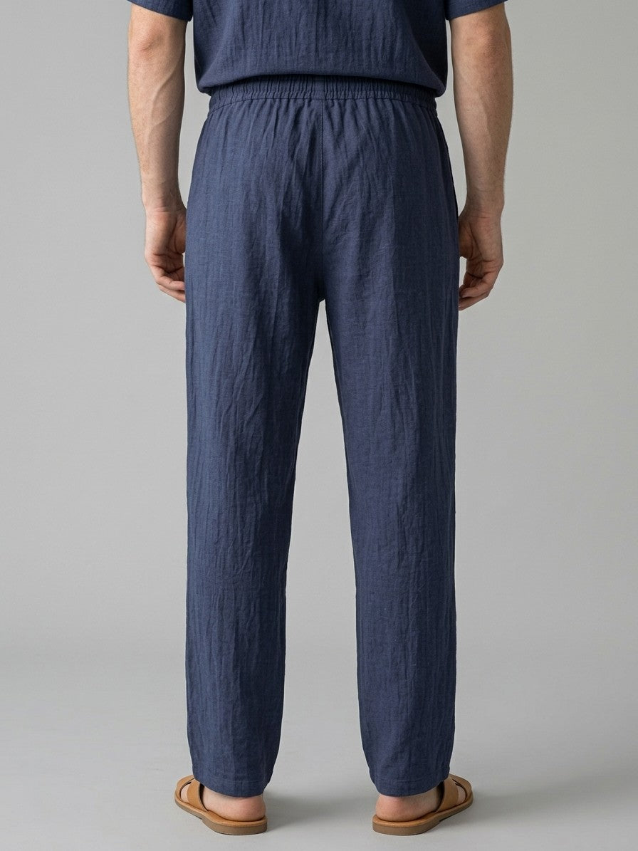 Merate Men's Linen Hooded Top and Trousers Set — navy — bottomback