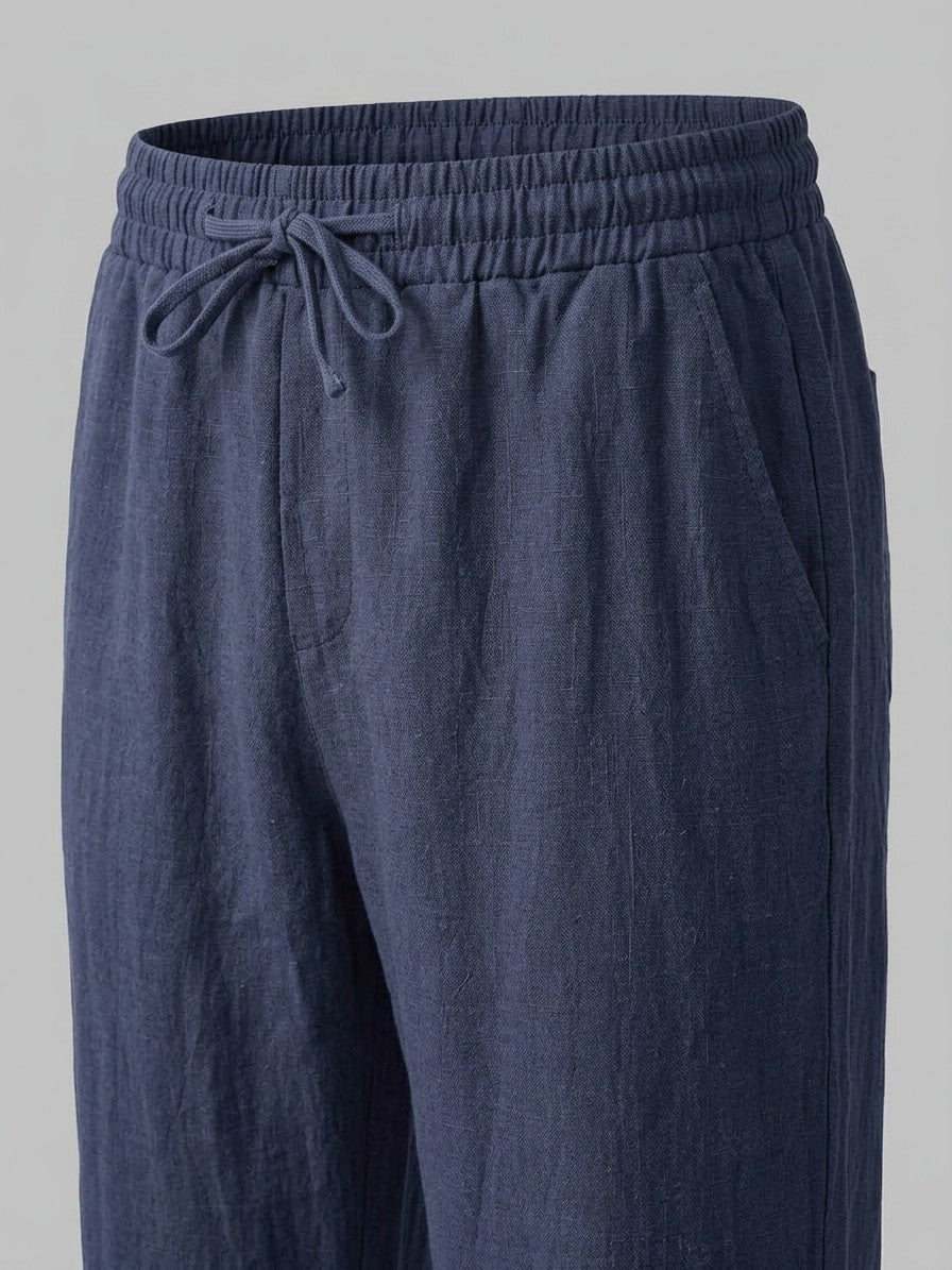 Merate Men's Linen Hooded Top and Trousers Set — navy — bottomfabric