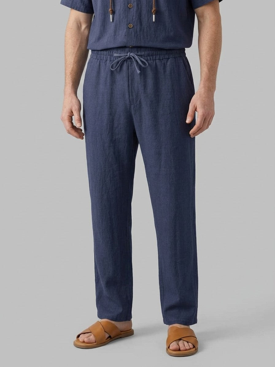 Merate Men's Linen Hooded Top and Trousers Set — navy — bottomfront