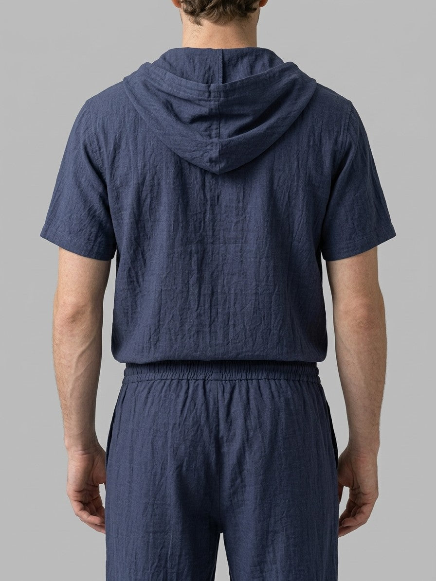 Merate Men's Linen Hooded Top and Trousers Set — navy — closeback