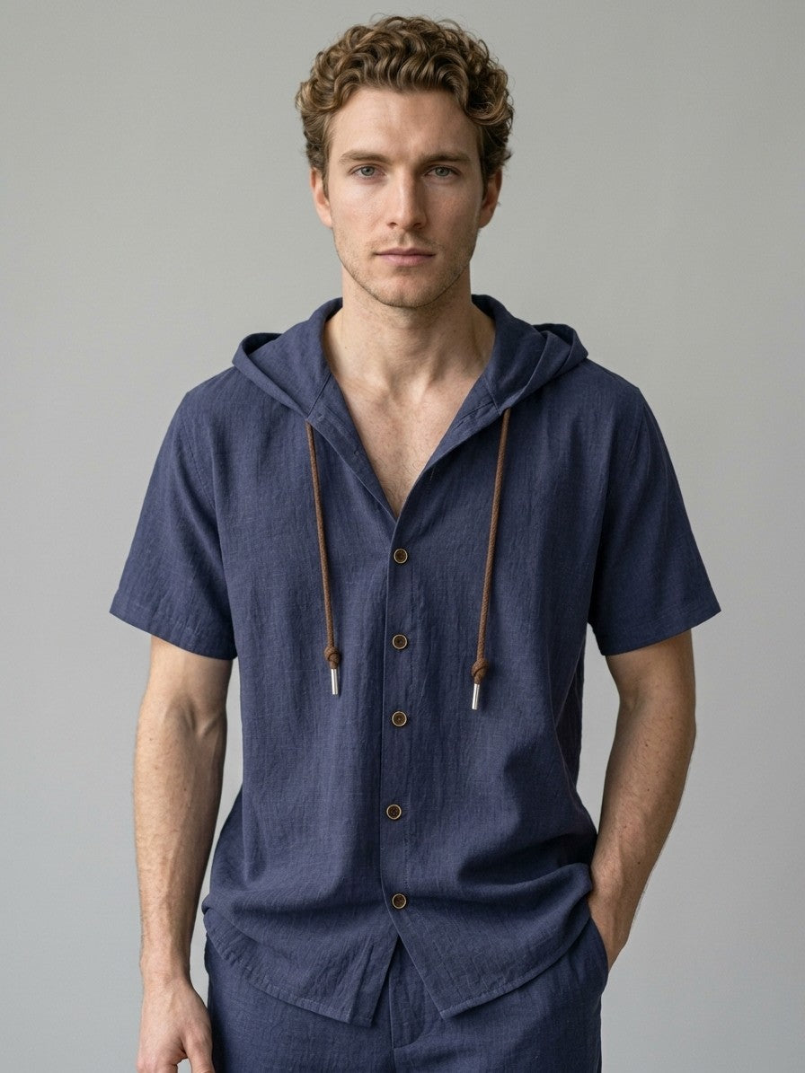 Merate Men's Linen Hooded Top and Trousers Set — navy — closefront