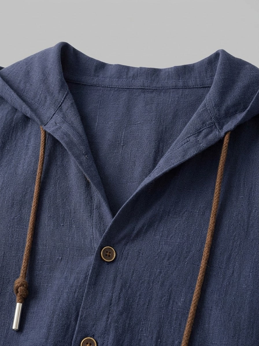 Merate Men's Linen Hooded Top and Trousers Set — navy — detail-collar