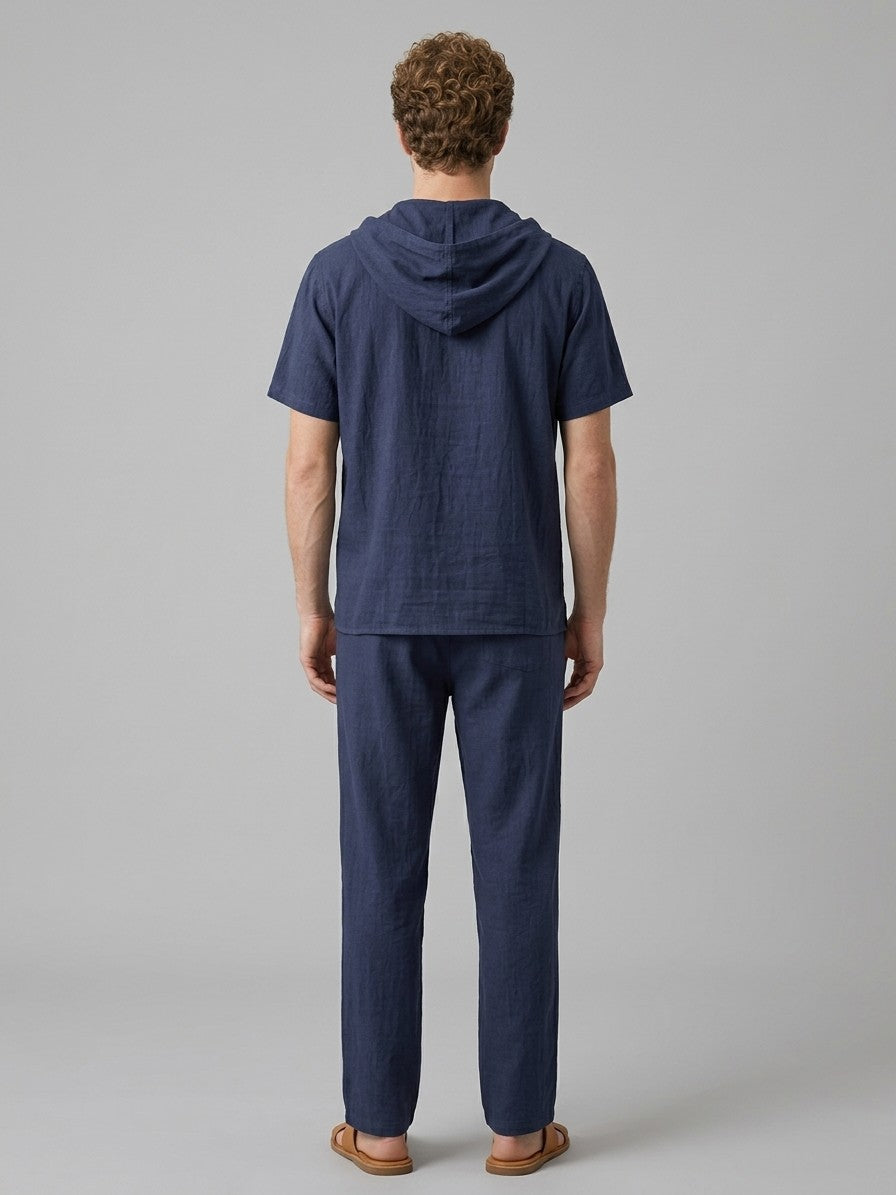 Merate Men's Linen Hooded Top and Trousers Set — navy — fullback