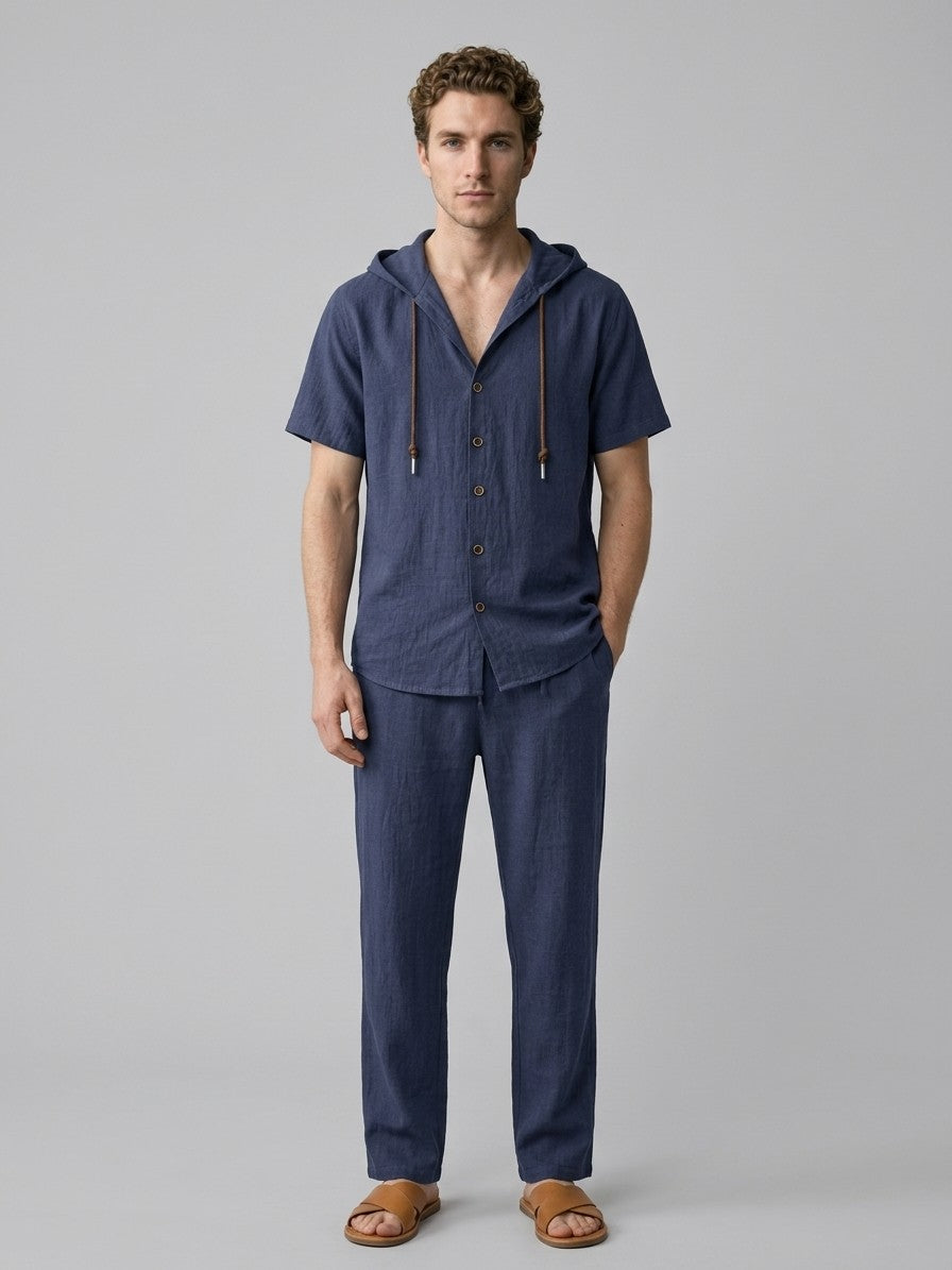 Merate Men's Linen Hooded Top and Trousers Set — navy — fullfront