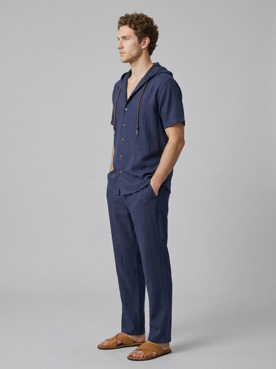 Merate Men's Linen Hooded Top and Trousers Set — navy — fullside
