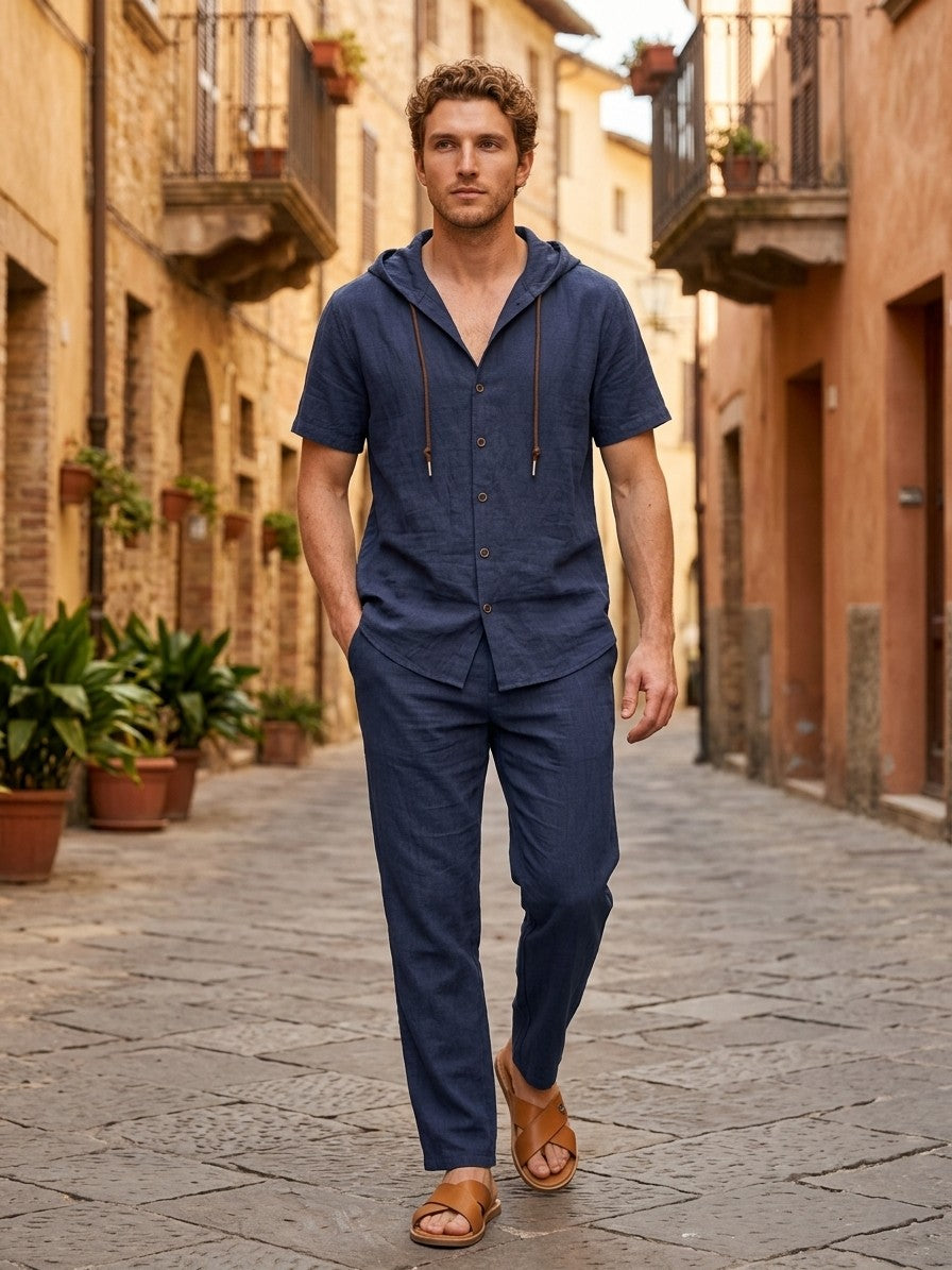 Merate Men's Linen Hooded Top and Trousers Set — navy — lifestyle