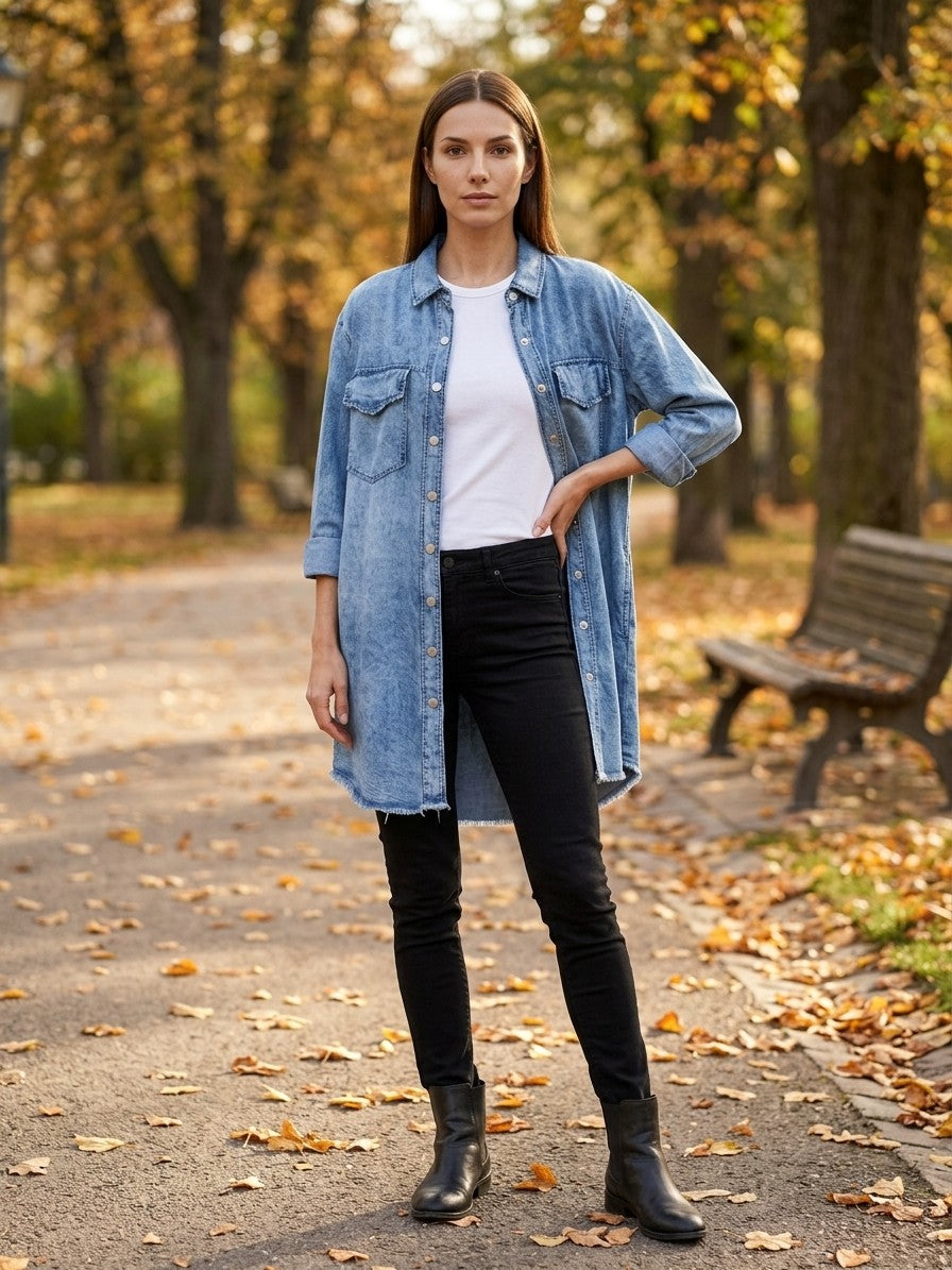 Minturno Women's Longline Denim Shirt Jacket — lightblue — lifestyle