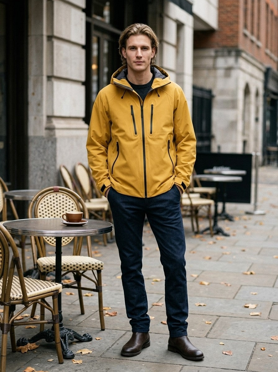 Mirandola Men's Four-Zip Hard Shell Windbreaker — mustard — lifestyle