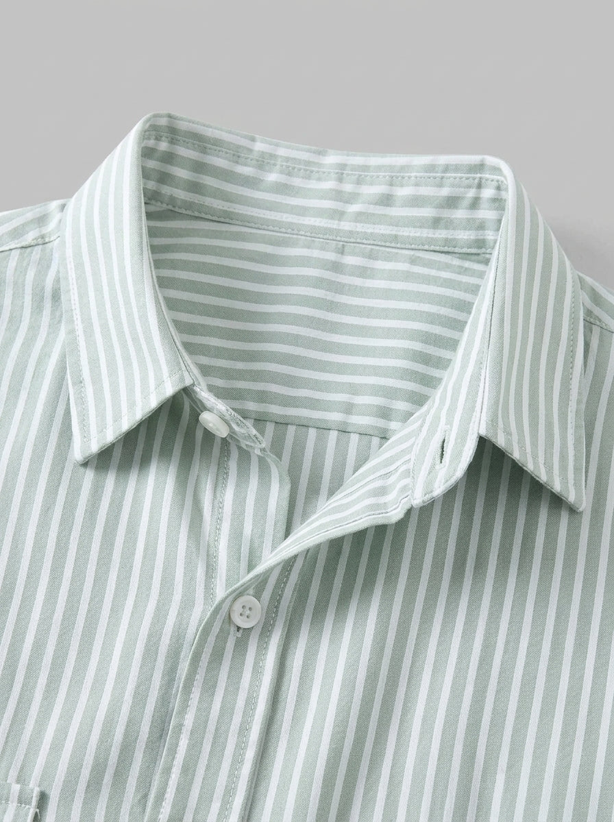 Modena Men's Striped Cotton-Blend Shirt — lightgreen — detail-collar