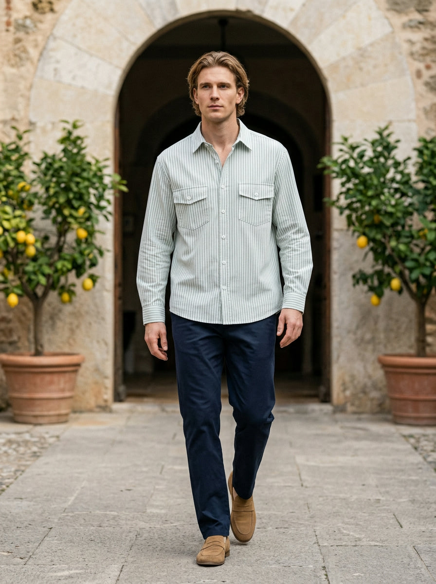 Modena Men's Striped Cotton-Blend Shirt — lightgreen — lifestyle