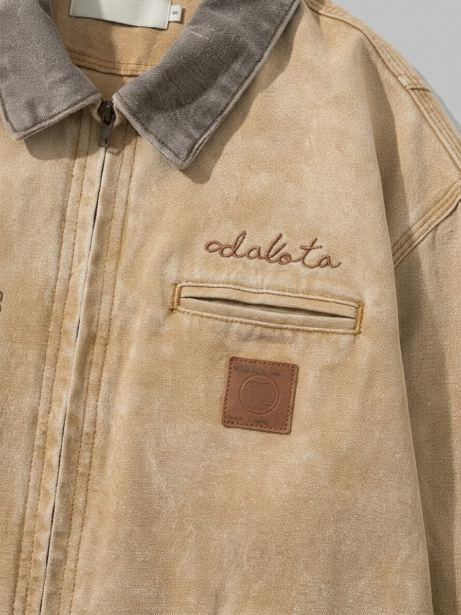 Molfetta Men's Washed Contrast-Collar Work Jacket — tan — detail-collar