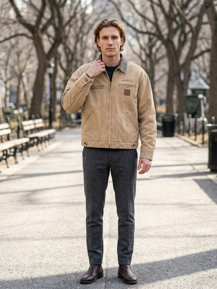 Molfetta Men's Washed Contrast-Collar Work Jacket — tan — lifestyle