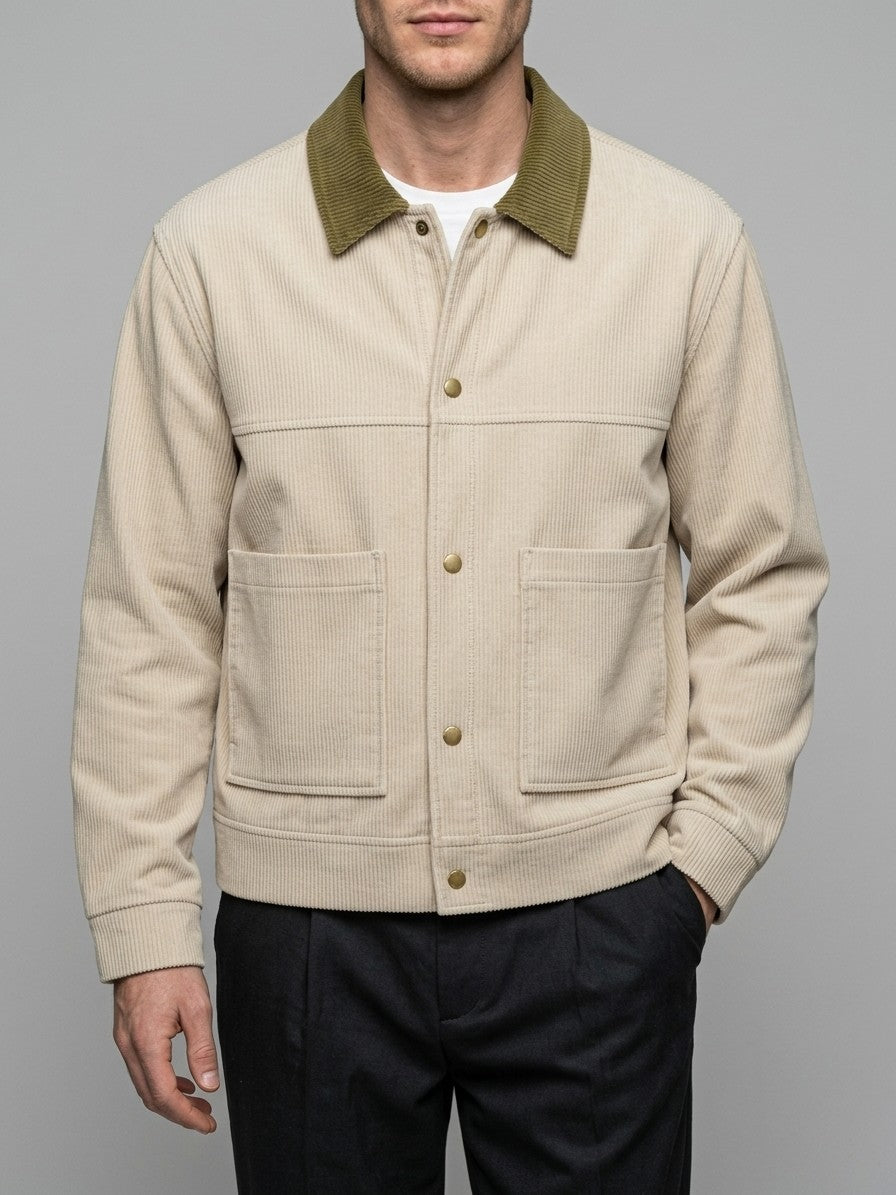 Moltrasio Men's Contrast-Collar Corduroy Work Jacket — beige — front