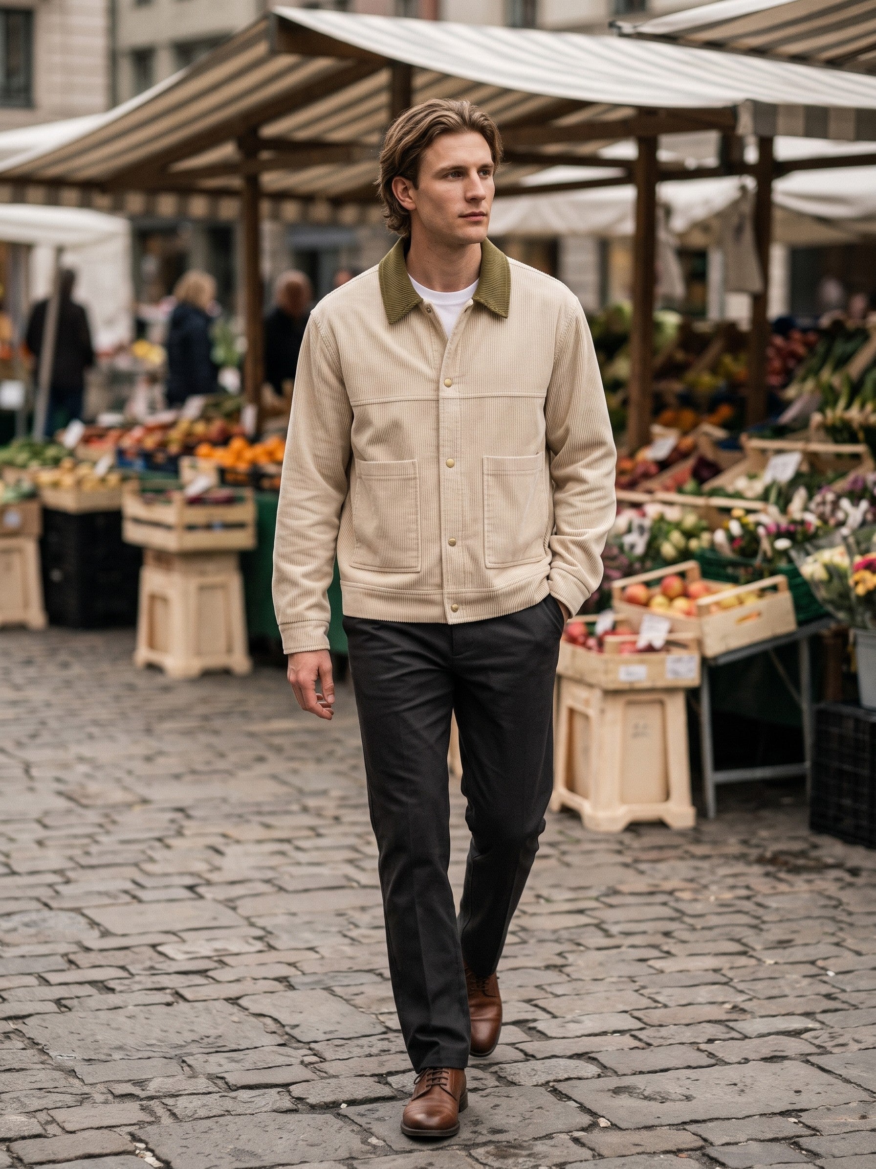 Moltrasio Men's Contrast-Collar Corduroy Work Jacket — beige — lifestyle