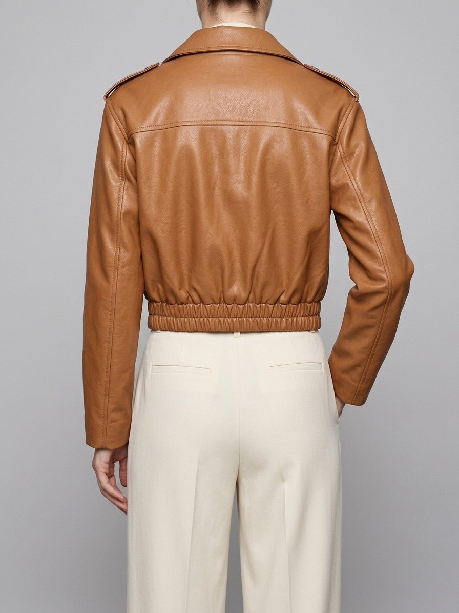 Mondavio Women's Cropped Moto Jacket — caramel — back