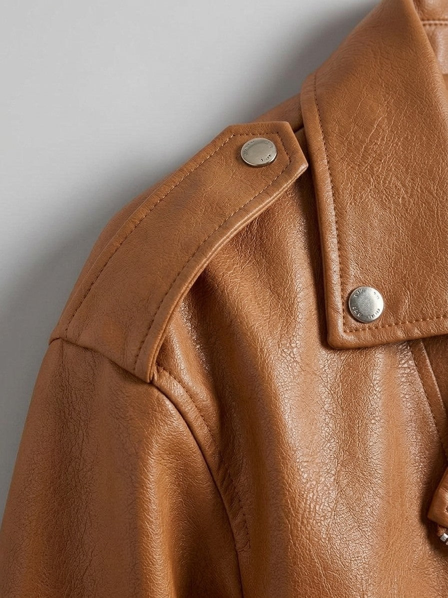 Mondavio Women's Cropped Moto Jacket — caramel — detail-collar
