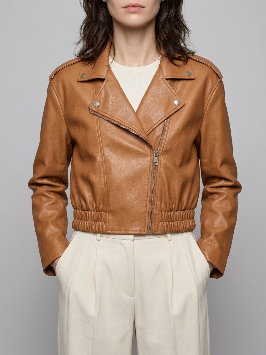 Mondavio Women's Cropped Moto Jacket — caramel — front