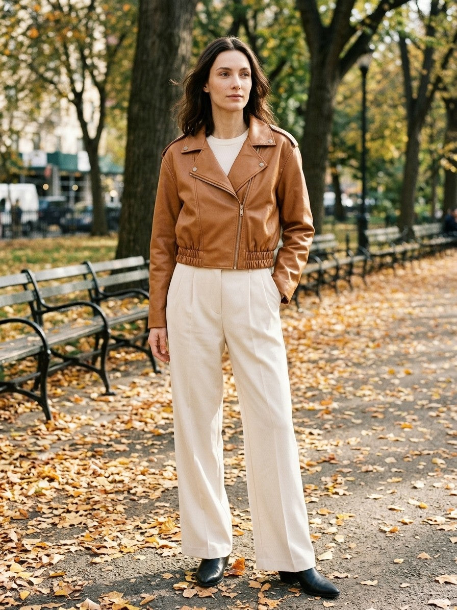 Mondavio Women's Cropped Moto Jacket — caramel — lifestyle