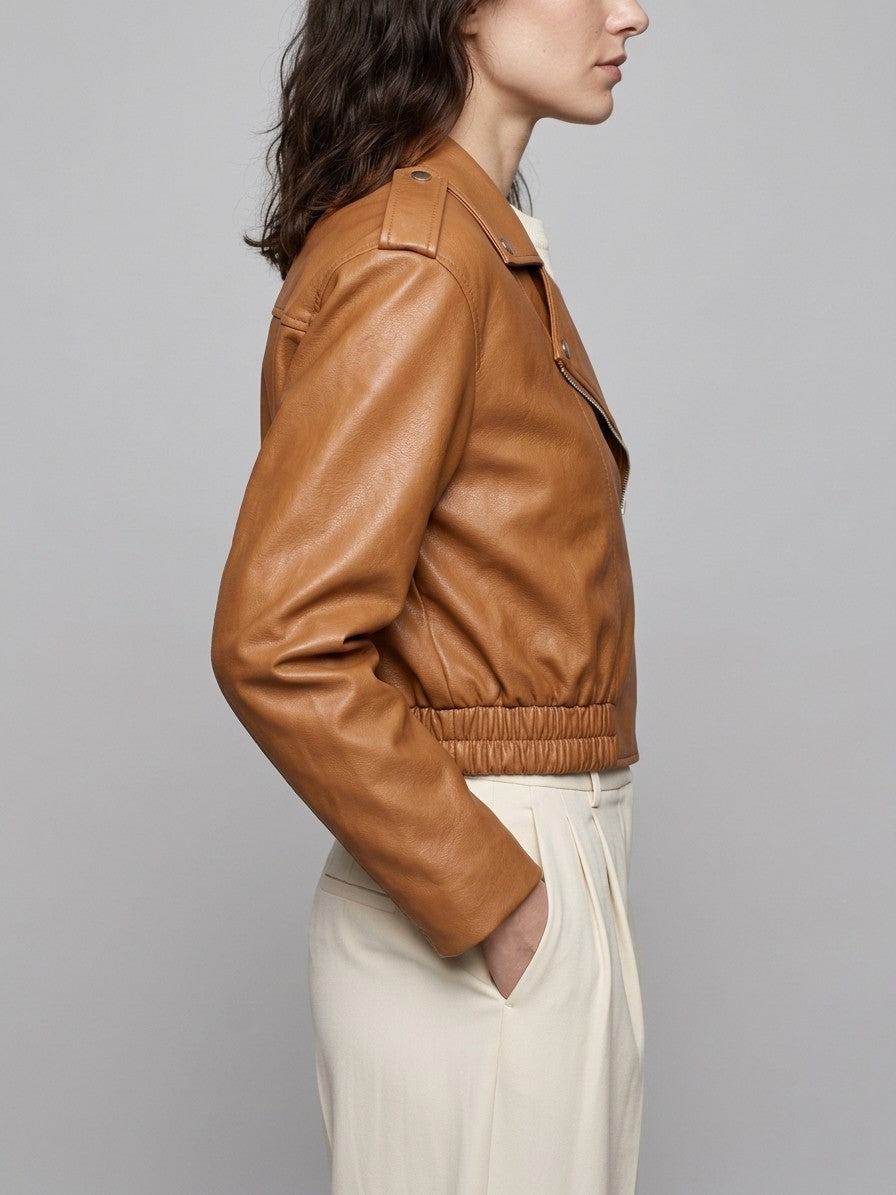Mondavio Women's Cropped Moto Jacket — caramel — side