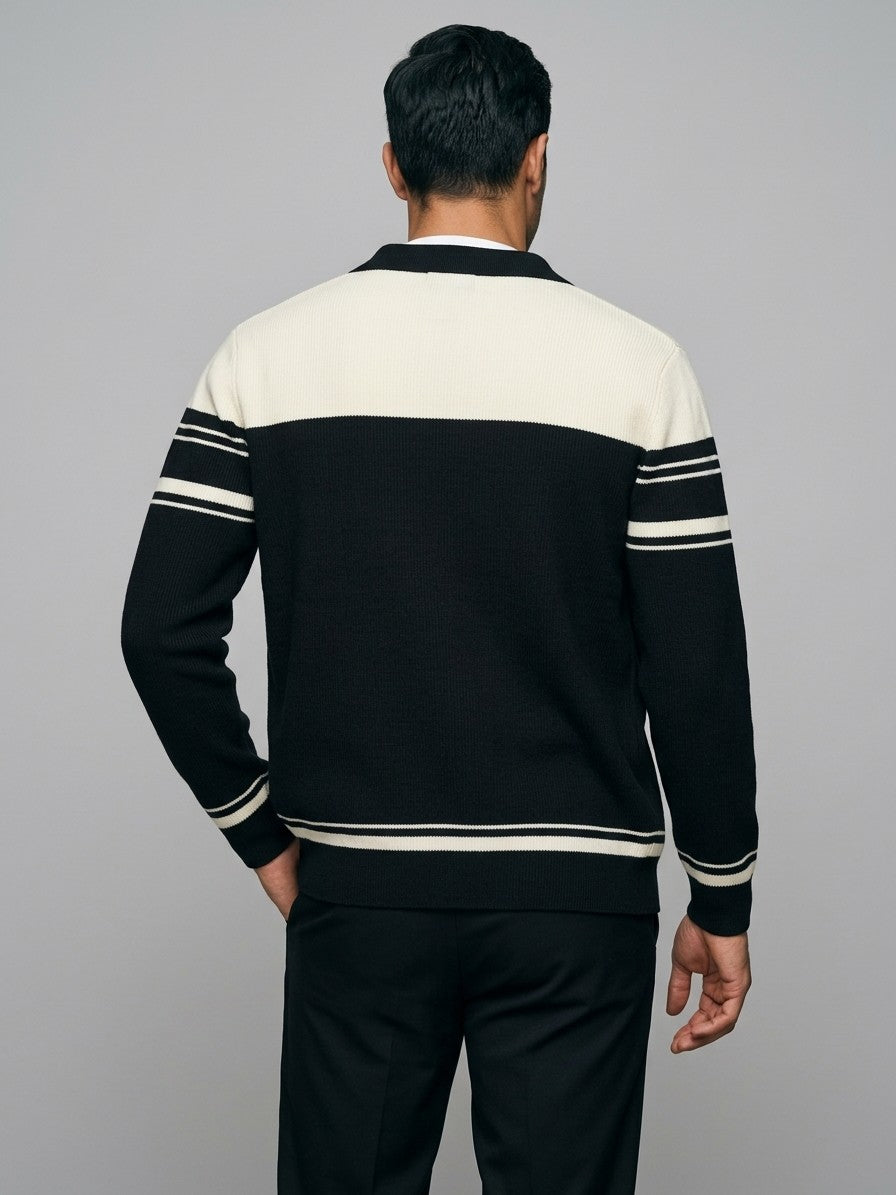 Mondovi Men's Contrast Stripe Button Cardigan — black — back