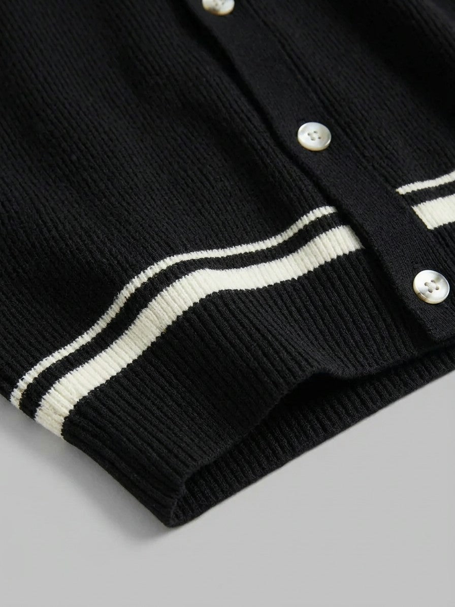 Mondovi Men's Contrast Stripe Button Cardigan — black — detail-collar