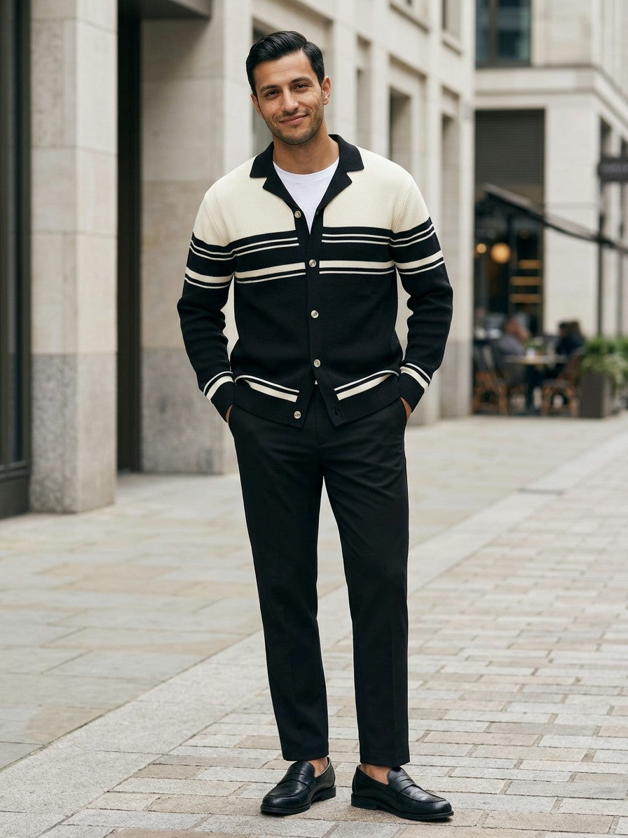 Mondovi Men's Contrast Stripe Button Cardigan — black — lifestyle