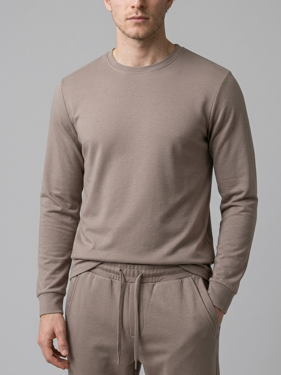 Monopoli Men's Crew-Neck Long-Sleeve Tee and Jogger Set — mocha — closefront