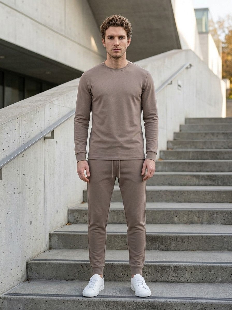 Monopoli Men's Crew-Neck Long-Sleeve Tee and Jogger Set — mocha — lifestyle