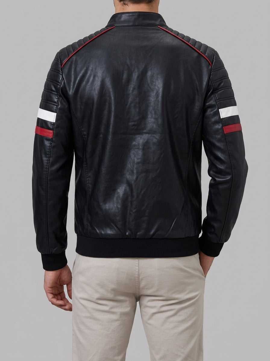 Monselice Men's Striped Faux Leather Racer Jacket — black — back