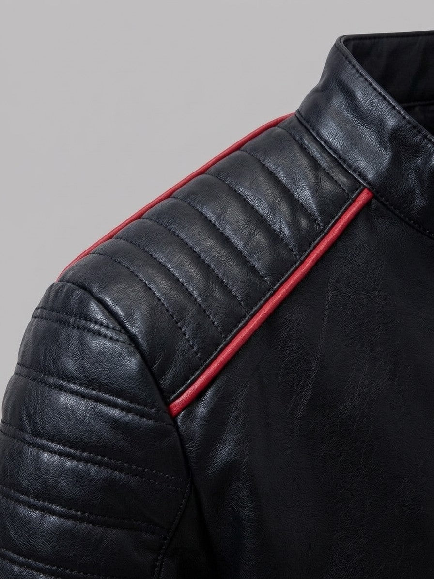 Monselice Men's Striped Faux Leather Racer Jacket — black — detail-2