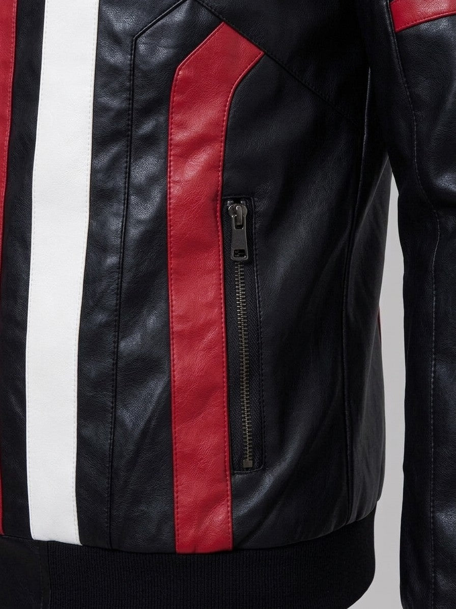 Monselice Men's Striped Faux Leather Racer Jacket — black — detail-collar