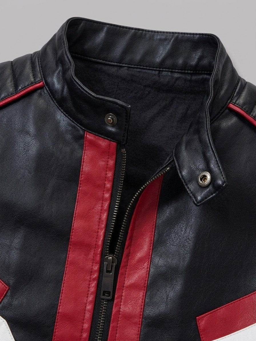 Monselice Men's Striped Faux Leather Racer Jacket — black — detail