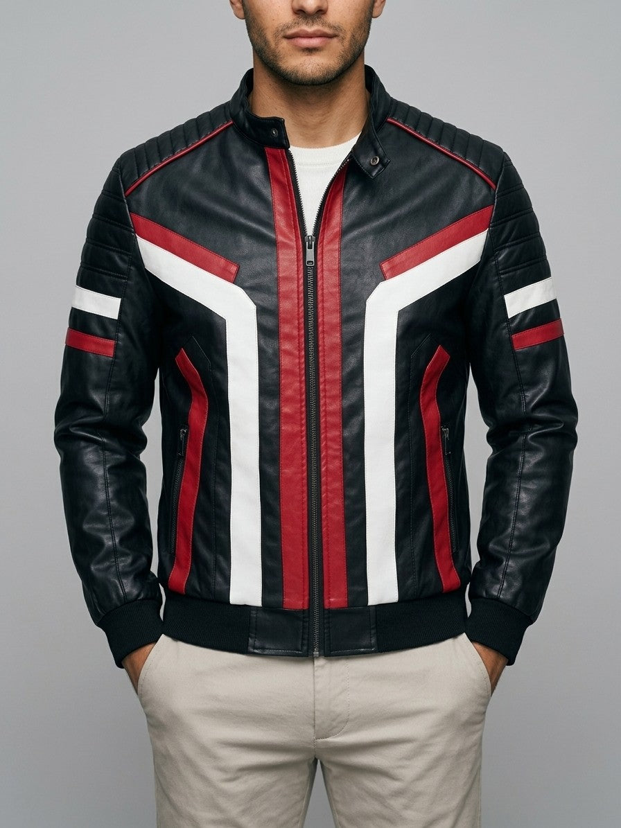 Monselice Men's Striped Faux Leather Racer Jacket — black — front