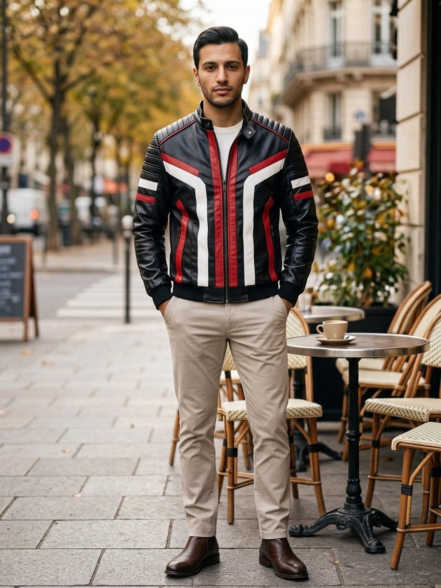 Monselice Men's Striped Faux Leather Racer Jacket — black — lifestyle