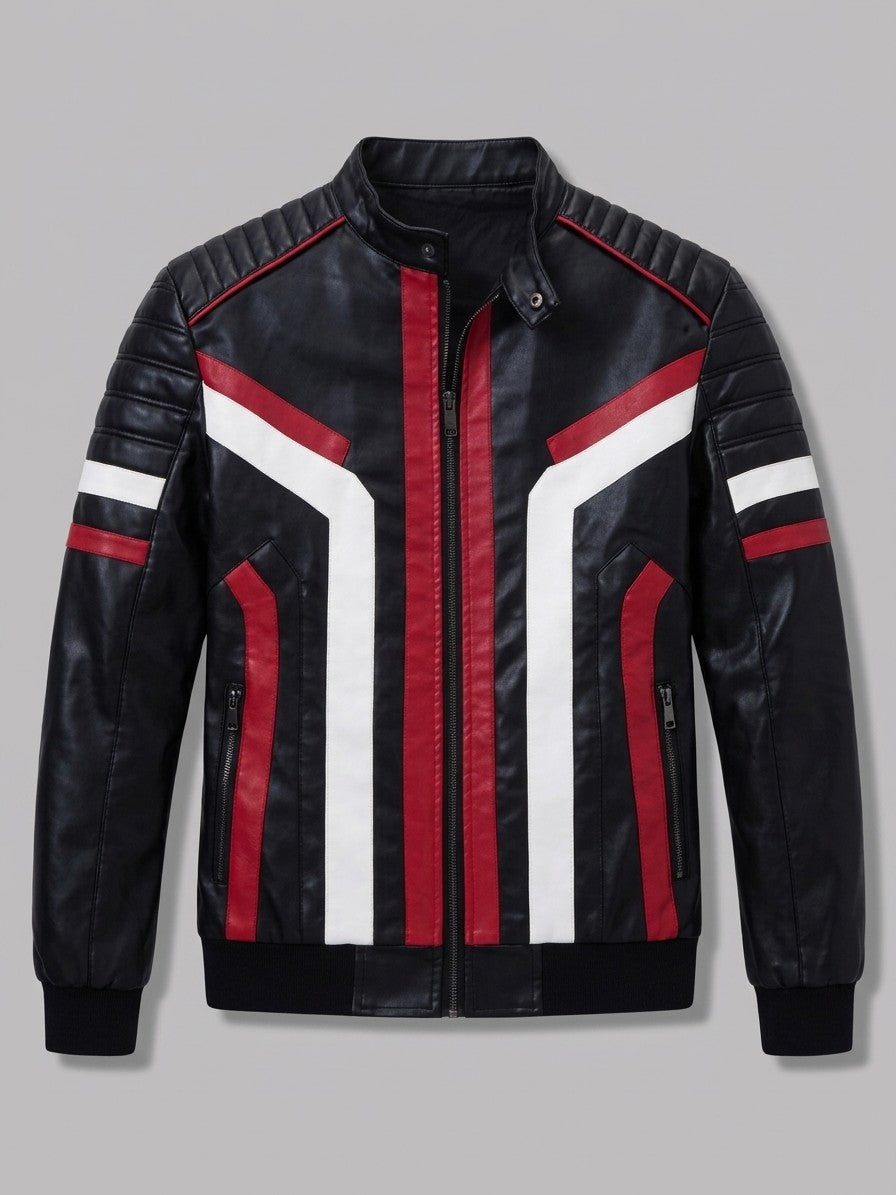 Monselice Men's Striped Faux Leather Racer Jacket — black — packshot