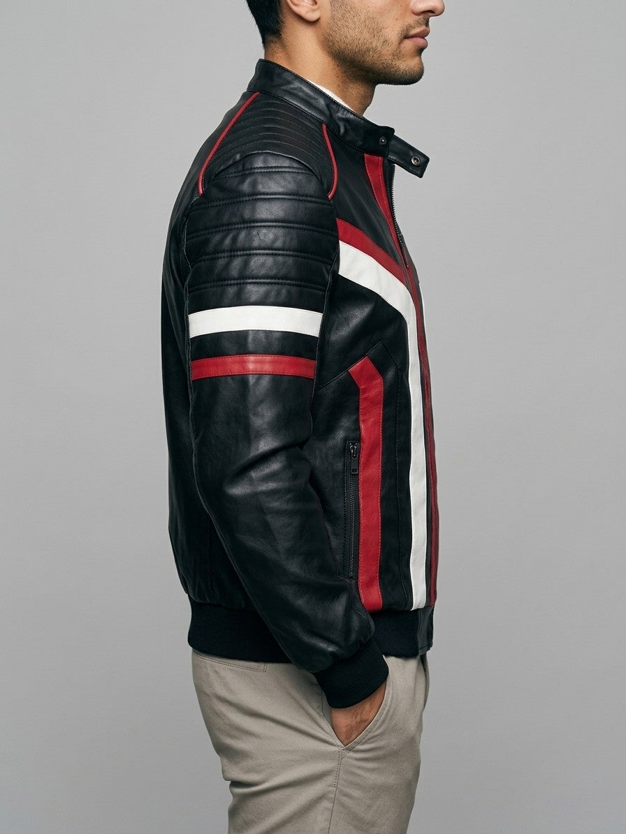 Monselice Men's Striped Faux Leather Racer Jacket — black — side