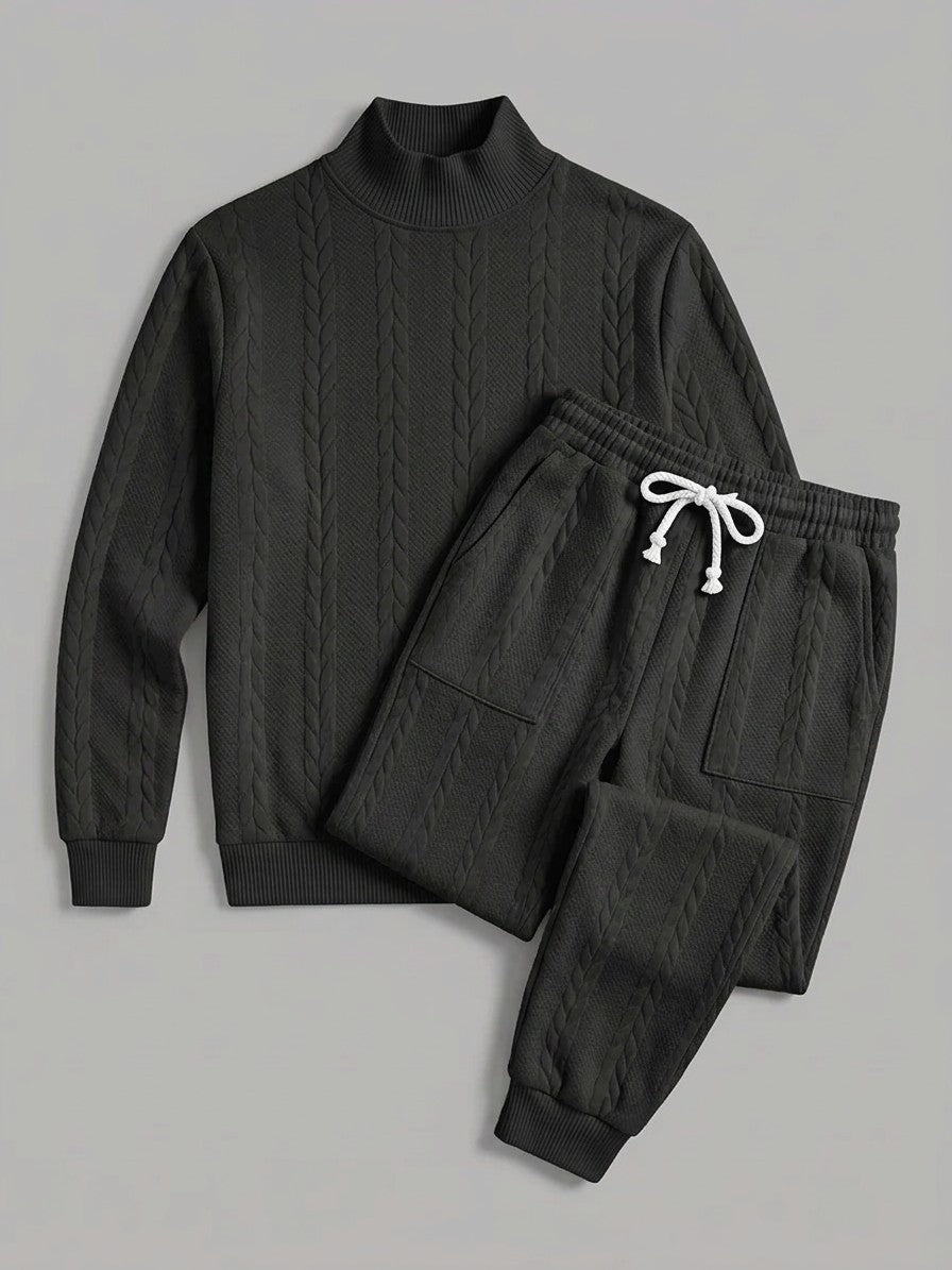Montalcino Men's Cable-Knit Mock Neck Sweater and Jogger Set — black — packshot