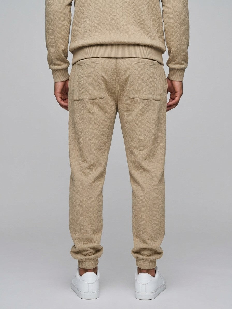 Montalcino Men's Cable-Knit Mock Neck Sweater and Jogger Set — khaki — bottomback