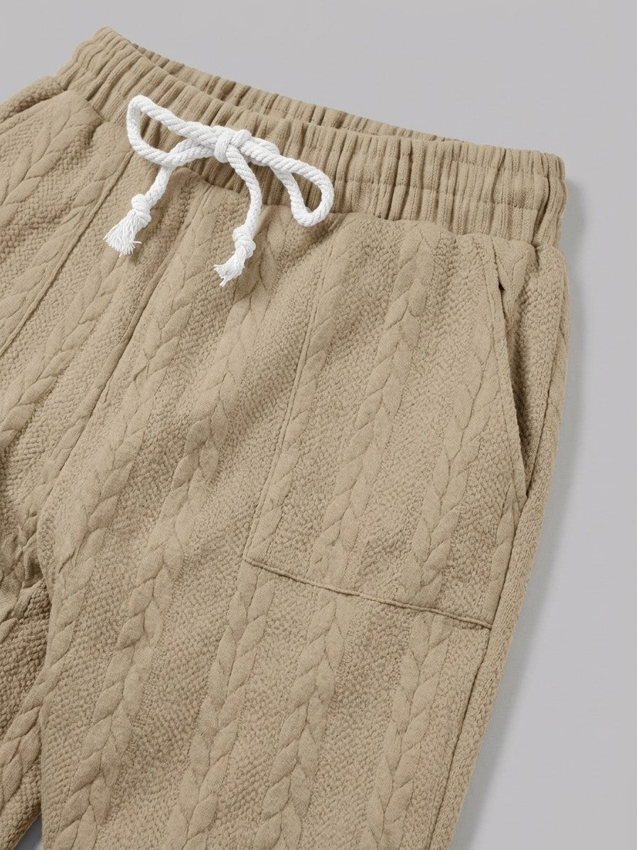 Montalcino Men's Cable-Knit Mock Neck Sweater and Jogger Set — khaki — bottomfabric
