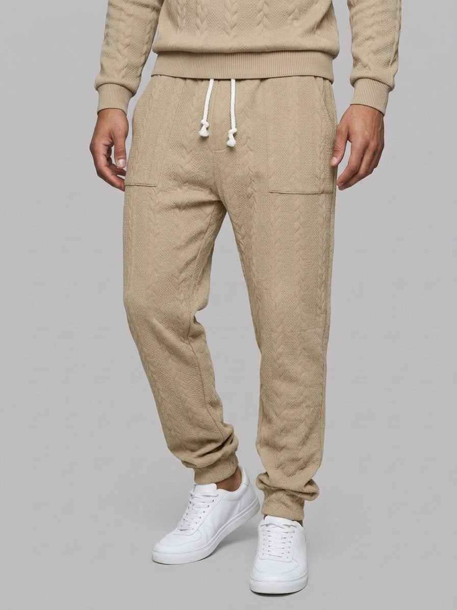 Montalcino Men's Cable-Knit Mock Neck Sweater and Jogger Set — khaki — bottomfront